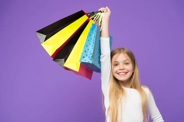 Happy Child Paper Bags Little Girl Smile Shopping Bags Violet — Stock Photo, Image
