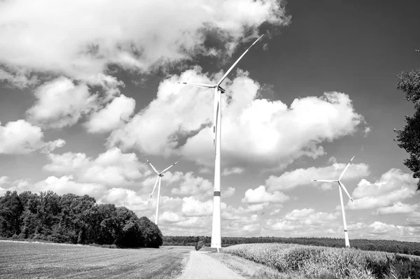Global warming, climate change. Turbines on field on cloudy blue sky. Alternative energy source. Wind farm in Lower Saxony, Germany. Eco power, green technology concept.