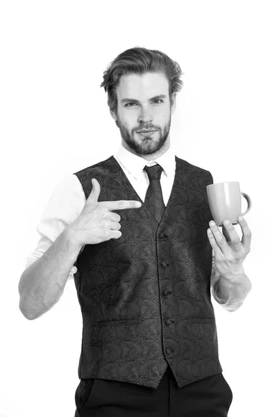 Homem Elegante Colete Com Uma Xícara Café Isolado Fundo Branco — Fotografia de Stock