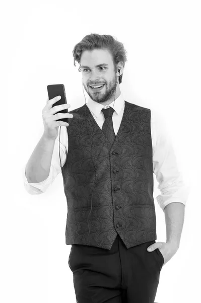 Гарнітура Mp3 Менеджер Бородою Усміхненому Обличчі Людина Офіційному Вбранні Мобільним — стокове фото