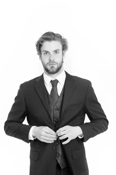 Gerente Com Barba Cara Séria Homem Roupa Formal Isolado Branco — Fotografia de Stock