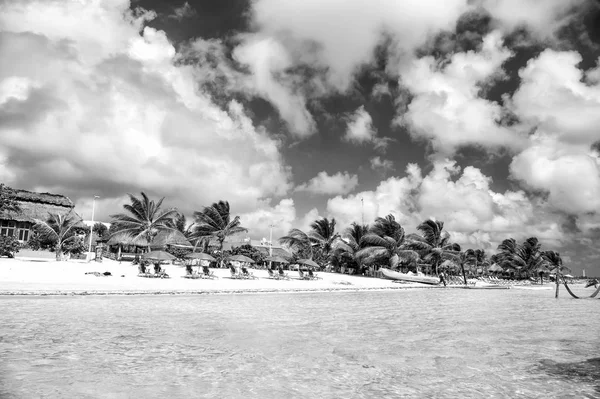 緑のヤシの木 砂にパラソルとビーチ コスタマヤ メキシコで海や海の水 曇り青空の晴れた日にトロピカル リゾート 夏休み 旅行のコンセプト — ストック写真