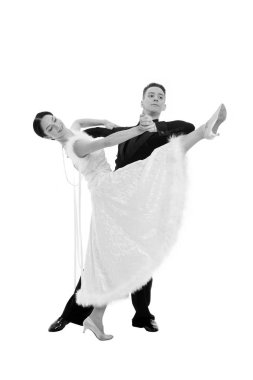 balo salonu dans çift beyaz arka plan üzerinde izole bir dans poz. Balo Salonu şehvetli profesyonel dansçılar dans Walz, tango, slowfox ve quickstep siyah ve beyaz
