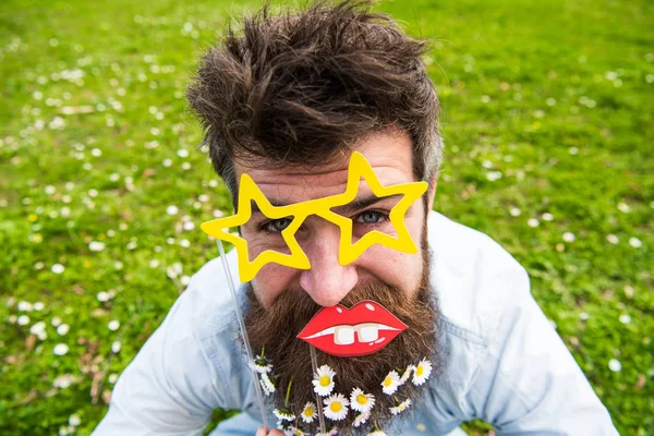 Photosession kavramı. Hipster neşeli yüzündeki sakallı yıldız ile poz gözlük ve dudak şeklinde. Adam güzel sakal daisy çiçeklerle benziyor. Sakal ve bıyık, yeşil renkli olan adam