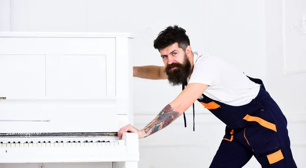 Man with beard and mustache, worker in overalls pushes piano, white background. Courier delivers furniture in case of move out, relocation. Delivery service concept. Loader moves piano instrument