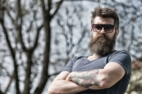 Homme avec barbe et moustache sur le visage strict, fond nature, déconcentré. Homme barbu porte des lunettes de soleil modernes Hipster avec barbe semble élégant et confiant par une journée ensoleillée. Barbier et concept de style . — Photo