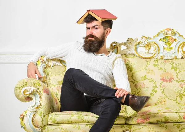 Maço kafasına, çatı gibi açık kitap ile oturuyor. Sakal ve bıyık oturur kanepe, beyaz duvar arka plan üzerinde olan adam. Adam, öğretmen öğretim ile overdid, deli profesör oldu. Kavramı çok