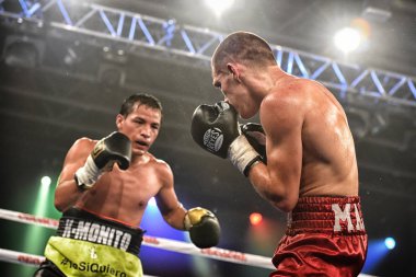 Kiev, Ukrayna - 16 Eylül 2017: Sparta boks Haritayı dahil altı sıralaması mücadele. Milli Güvenlik'Olimpiyskiy, Kiev, Ukrayna sıralaması için kavga sırasında halka tanımlanamayan bir boksörler