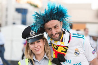 Kiev, Ukrayna - 26 Mayıs 2018: Uefa final Uefa şampiyonu ligue son maçında, Kiev Ukrayna Olimpik milli güvenlik önce Fc Real Madrid ve Liverpool futbol takımı hayranıyım. Spor ve eğlence kavramı futbol