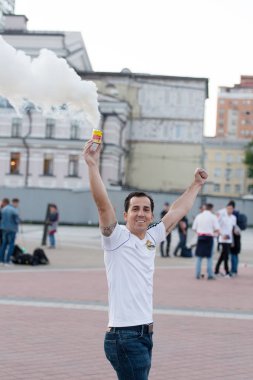 Kiev, Ukrayna - 26 Mayıs 2018: Uefa final Uefa şampiyonu ligue son maçında, Kiev Ukrayna Olimpik milli güvenlik önce Fc Real Madrid ve Liverpool futbol takımı hayranıyım. Spor ve eğlence kavramı futbol