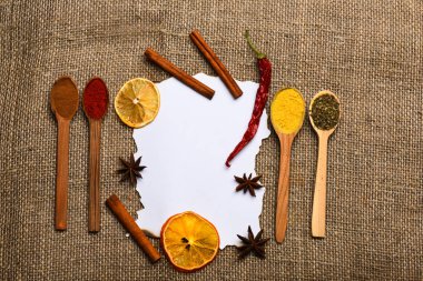 Çul arka plan üzerinde kağıt parçası. Mutfak tarifi kavramı. Tarçın, kurutulmuş portakal ve biber, anasonu boş kağıt, tarifi, kopya alanı çevresinde. Kaşık ile baharat beyaz kağıt yatıyordu