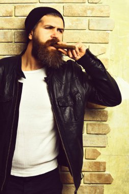 Sakallı vahşi Kafkas hippisi puro içiyor.