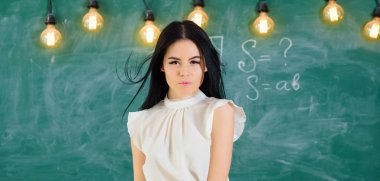 Öğretmen ders, kopya alanı başlamak için hazır. Beyaz bluz uzun saçlı kadın sınıfta durumda. Elit okul kavramı. Bayan öğretmen dalgın yüzünde kara tahta önünde duruyor