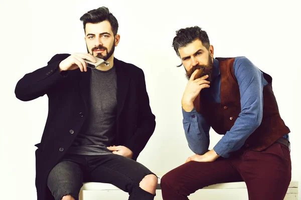 Two bearded mens, caucasian stylish hipsters with moustache — Stock Photo, Image