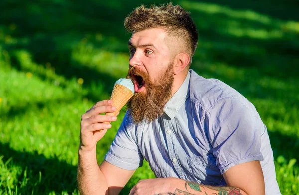 Homem com barba longa desfrutar de sorvete, enquanto se senta na grama. Conceito de delicadeza. Homem barbudo com cone de gelado. Homem com barba e bigode no rosto animado come sorvete, grama no fundo, desfocado — Fotografia de Stock