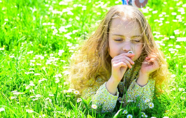 草地、緑色背景で草の上に横たわる少女。夢のような顔の女の子は、アウトドア レジャーをお過ごしください。子は、草原に横たわっている間春の天候の良い日をお楽しみください。全盛期のコンセプト — ストック写真
