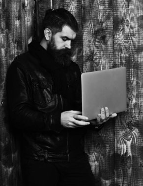 Sakallı, Kafkas hippisi elinde tablet ve dizüstü bilgisayar tutuyordu.