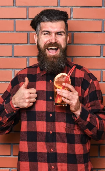 Hipster with happy face, man wearing checkered shirt — Stock Photo, Image