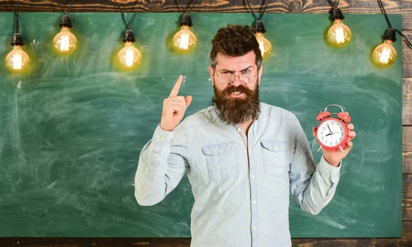 O professor de óculos tem despertador. Conceito de disciplina. O hipster barbudo segura relógio, avisando com o dedo indicador, copia espaço. Homem com barba e bigode no rosto zangado ficar em sala de aula — Fotografia de Stock