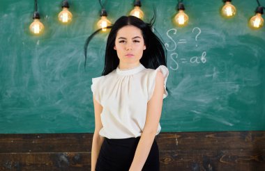 Öğretmen ders, kopya alanı başlamak için hazır. Beyaz bluz uzun saçlı kadın sınıfta durumda. Bayan öğretmen dalgın yüzünde kara tahta önünde duruyor. Elit okul kavramı