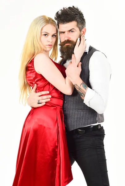 Bearded hipster and attractive lady dressed up for dancing contest. Couple in love, passionate dancers in elegant clothes, white background. Woman in red dress and man in vest. Dancing couple concept — Stock Photo, Image