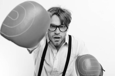 Komik cesur adam. Boksör inek. Komik genç adam giyen kırmızı boks eldivenleri