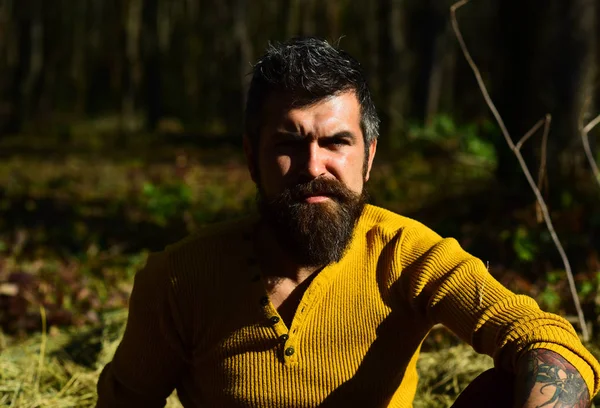 Loneliness and autumn nostalgia concept. Guy with beard — Stock Photo, Image