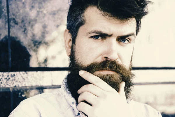 Fashion hair. Barber. Masculinity concept. Guy looks suspicious. Hipster with tousled hair touches beard while looking into distance. Man with beard and mustache on thoughtful, pensive face, black