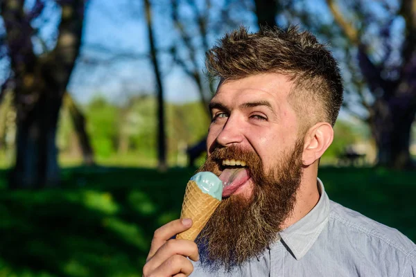 Concept de refroidissement. L'homme à la longue barbe lèche la crème glacée, gros plan. Homme barbu avec un cône de crème glacée. Homme avec barbe et moustache sur le visage heureux mange de la crème glacée, fond nature, déconcentré — Photo