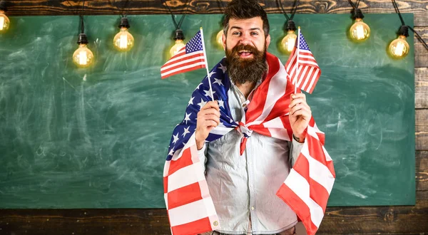Conceito de educação patriótica. Homem com barba e bigode no rosto feliz segura bandeiras dos EUA, em sala de aula, quadro-negro no fundo. Professora americana acena com bandeiras americanas. Programa de intercâmbio de estudantes — Fotografia de Stock