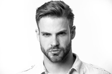 Erkeklik kavramı. Adam sakallı ve çekici görünüşü hakkında umurunda değil. Adam sakal veya tıraşsız adam yakışıklı ve bakımlı görünüyor. Kıl kendinden emin yüz, beyaz arka plan üzerinde olan adam