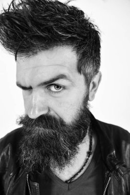 Sakal ve bıyık kameraya bakarak sıkı yüzünde olan adam. Maço deri ceket, beyaz arka plan giyer. Hipster onun kaş yükseltme sırasında ciddi ve şüpheli görünüyor. Erkeklik kavramı