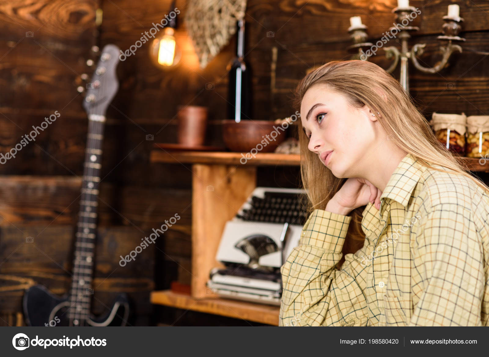 Girl In Casual Outfit In Wooden Vintage Interior Tomboy Concept