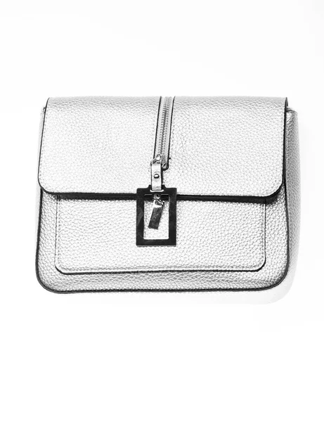 ファッショナブルなアクセサリーのコンセプトです。分離した、白地に銀の革で作った財布。ジッパーと金属の装飾的な詳細を持つ女性のためのハンドバッグ。財布、バッグや白い背景のハンドバッグ — ストック写真