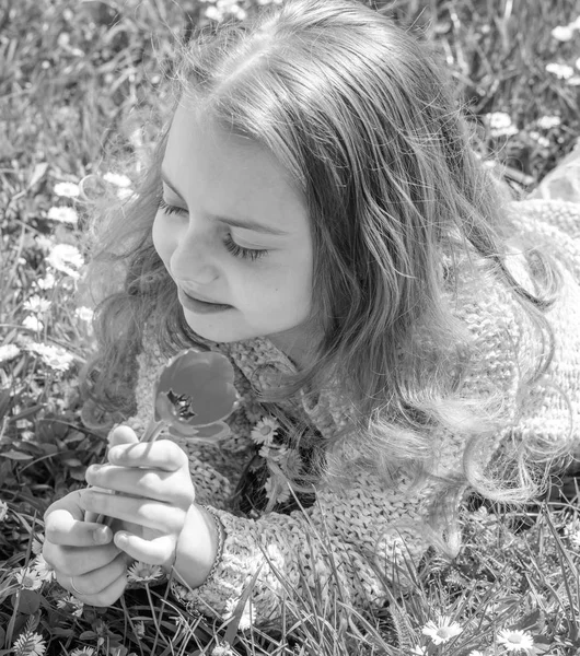 アレルギーの概念。幸せそうな顔の女の子は、日当たりの良い春の日の赤いチューリップの花を保持します。草地、草背景に横になっている長い髪を持つ少女。子供は、草原に横たわっている間チューリップの香りをお楽しみください。 — ストック写真
