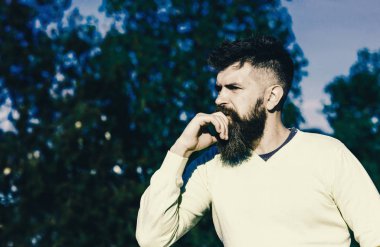 Uzun sakallı adam görünümü balkon keyfini çıkarın. Gevşeme kavramı. Sakallı adam geri kalanı üzerinde güneşli gün açık havada var. Sakal ve bıyık balkon, düşünceli yüzünde, ağaçlar defocused arka plan üzerinde olan adam