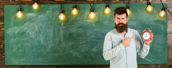 O professor de óculos tem despertador. Homem com barba e bigode no rosto estrito apontando para o relógio. O hipster barbudo segura relógio, quadro no fundo, espaço de cópia. Conceito de atraso — Fotografia de Stock