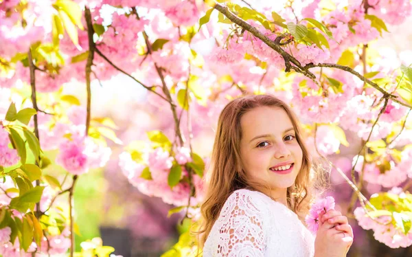 Aranyos gyermek élvezze Sakura illat a tavasz. Lány a mosolygó arc áll közel sakura virágokat, defocused. Lány hosszú haj kültéri, cherry blossom, a háttérben. Édes gyermekkor fogalma — Stock Fotó