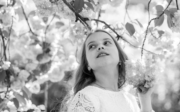 Dívka na zasněné tváře stojící pod sakura větví s květinami, rozostření. Roztomilá mladá dívka baví v zahradě Kvetoucí třešeň na krásný jarní den. Koncept něha — Stock fotografie