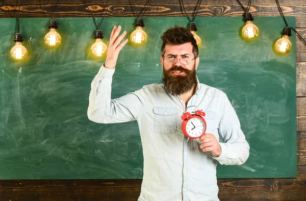 El profesor de anteojos tiene despertador. Concepto de horario y régimen. hipster barbudo sostiene reloj, pizarra en el fondo, espacio de copia. El hombre con barba gritando cara a expresión argumentativa — Foto de Stock