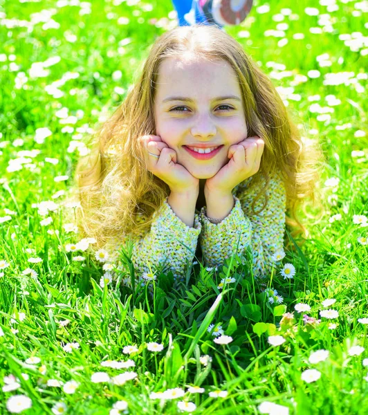 全盛期のコンセプトです。笑顔の女の子は、アウトドア レジャーをお過ごしください。草地、緑色背景で草の上に横たわる少女。子供は、草原に横たわっている間春の晴れた日を楽しむ — ストック写真