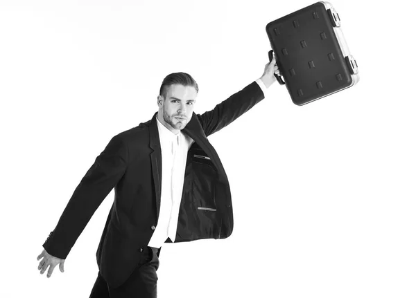 Business growth concept. Man in suit or businessman with calm face holds briefcase — Stock Photo, Image