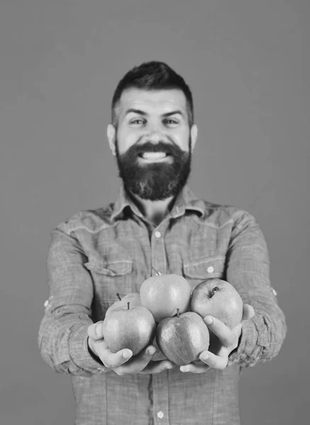 Guy präsentiert hausgemachte Ernte. Landwirt mit lächelndem Gesicht — Stockfoto