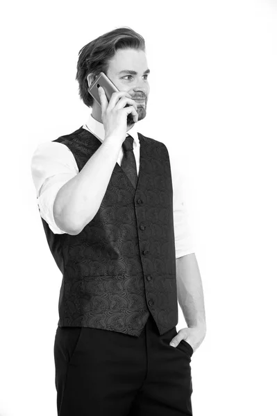 Empresário com telefone em roupa isolada no fundo branco . — Fotografia de Stock