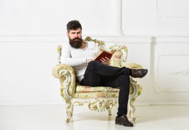 Sakal ve bıyık oturur koltuk ve kitap okumak, beyaz duvar arka plan üzerinde olan adam. Maço akıllı kitap ile boş zaman harcıyor. Bilim adamı, Profesör ciddi yüz edebiyat araştırıyor. Bilgi kavramı