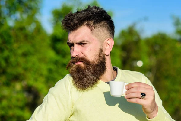 Conceito de café gourmet. Homem barbudo com caneca de café, bebe café. Homem com barba e bigode no rosto rigoroso bebe café, fundo natural, desfocado. Homem com barba longa desfrutar de café — Fotografia de Stock