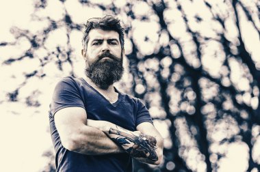 Berber ve stil kavramı. Casual kıyafet açık poz içinde sakallı adam. Uzun sakallı adam şık ve kendinden emin görünüyor.