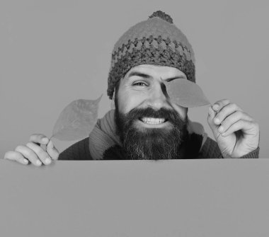 Şapkalı adam turuncu zemin üzerine kiraz ağacı yaprakları tutar