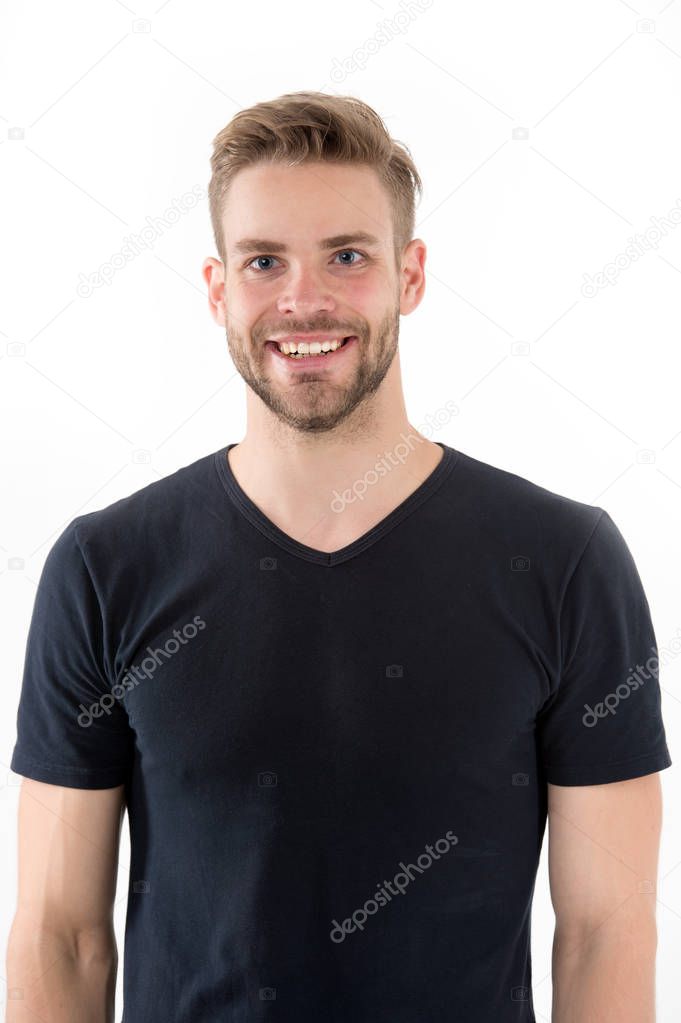 Man with bristle smiling face isolated white background. Perfect smile concept. Smile is part of his style. Man with beard unshaven guy looks handsome cheerful good mood. Guy happy wears black shirt