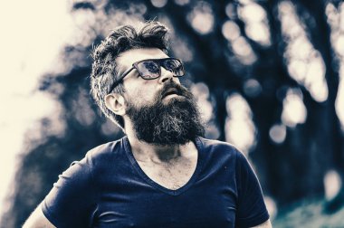 Berber ve stil kavramı. Adam sakal ve bıyık katı yüz, Doğa arka plan, defocused